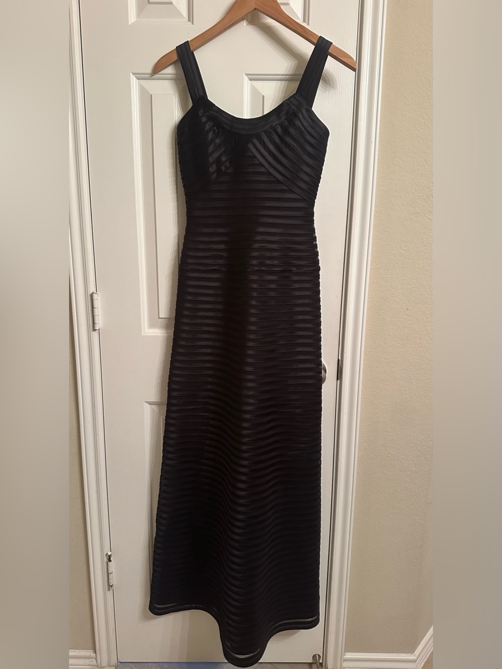 BCBGMaxAzria Black Textured Strappy Maxi Dress - Mesh Detailing
